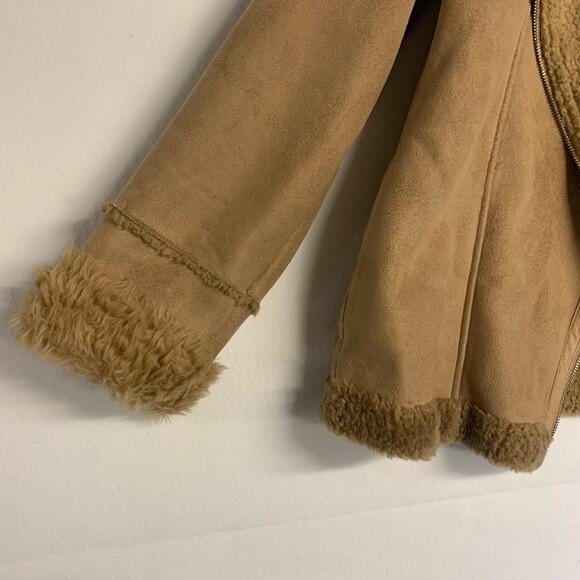 Liu Jo Coat Jacket Faux Suede Shearling Sherpa Penny Lane Moto Lined Tan - Picture 3 of 10